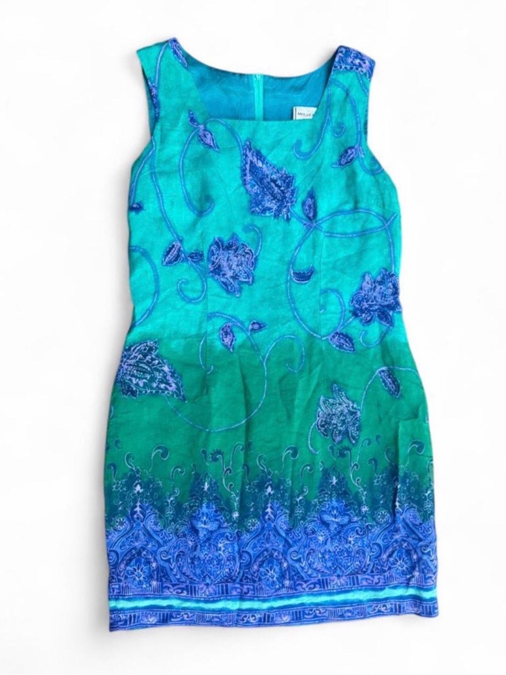Sleeveless Jeweltone Green & Teal Floral Shift Dress Vintage Size 8p Indie Boho